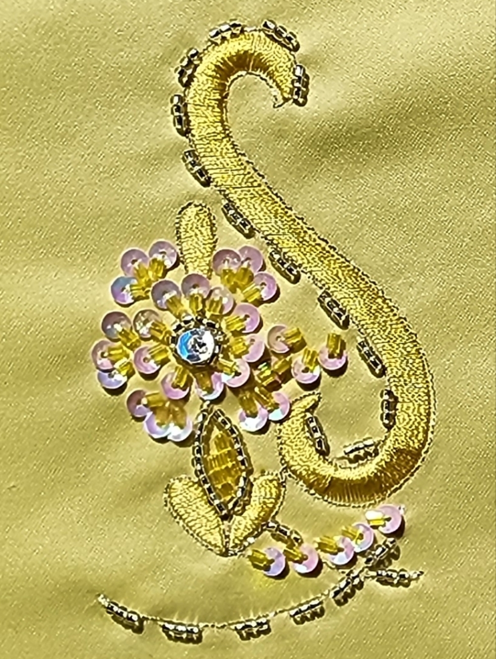 Vintage Embroidered & Sequined Floral Satin  Sampler Square Yellow